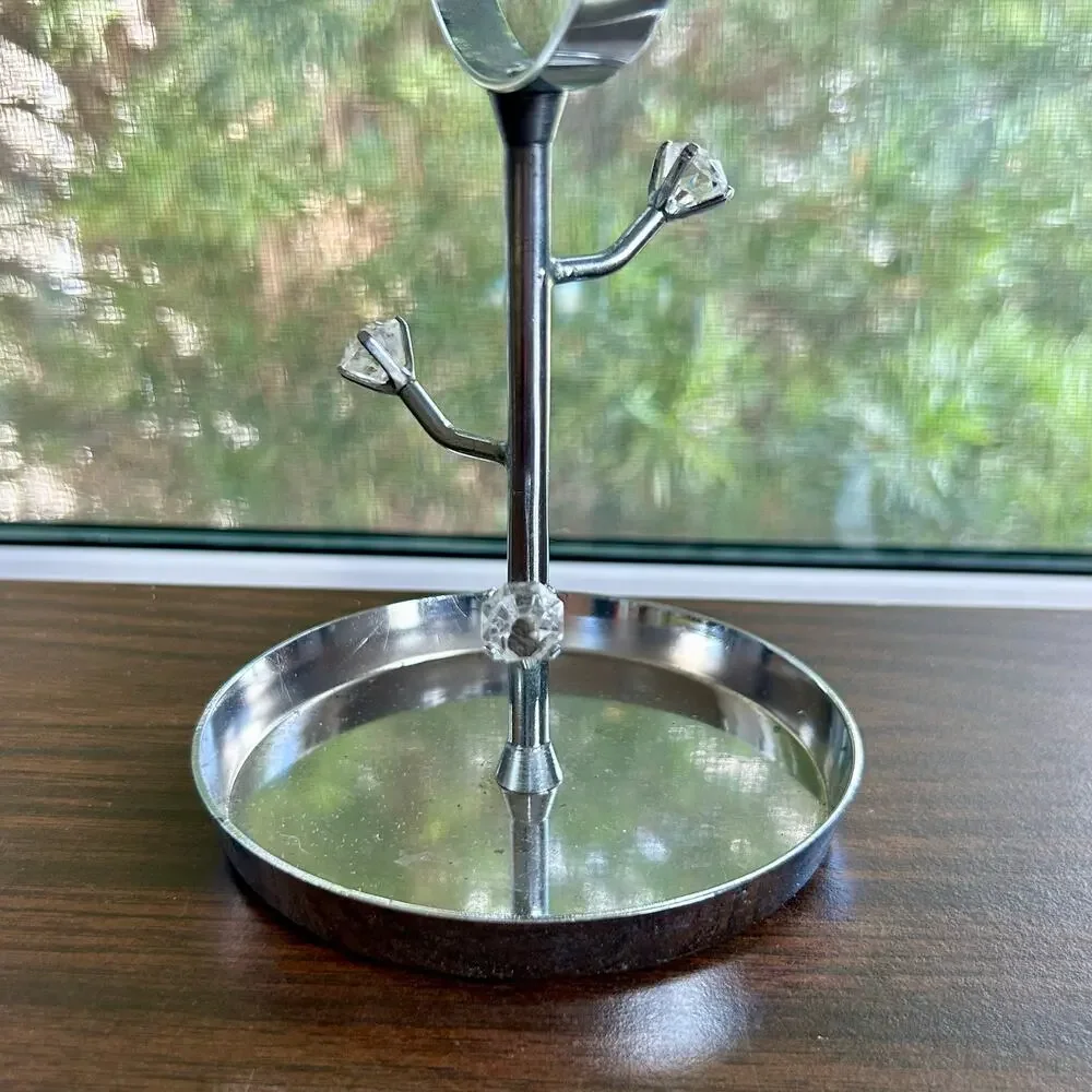 Vintage Chrome Vanity Mirror with Rhinestone Accents and Jewelry Tray – 11”